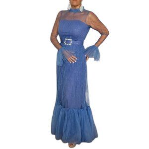 Women's Blue Tulle Evening Gown with Sheer Sleeves Rhinestone Belt Size M